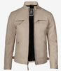 Mens Quilted Shoulder Beige Cafe Racer Leather Jacket