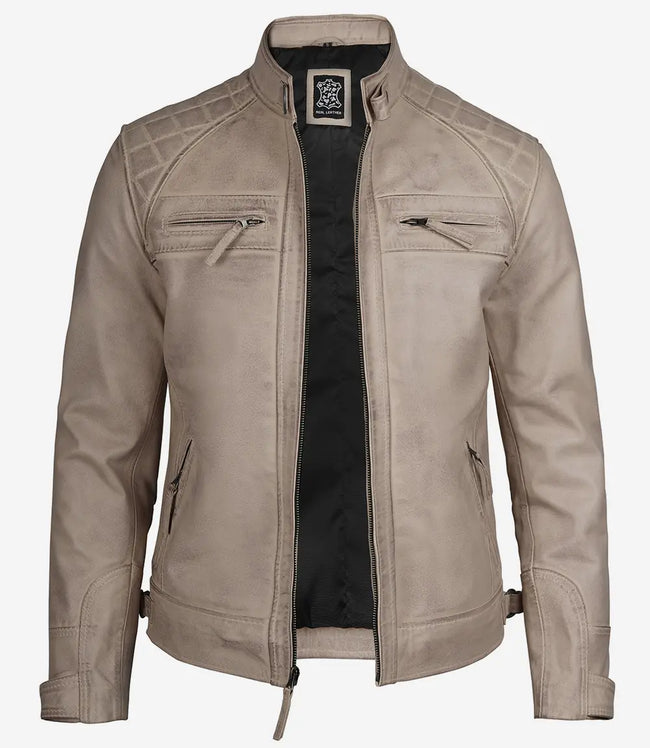 Mens Cafe Racer Beige Leather Jacket