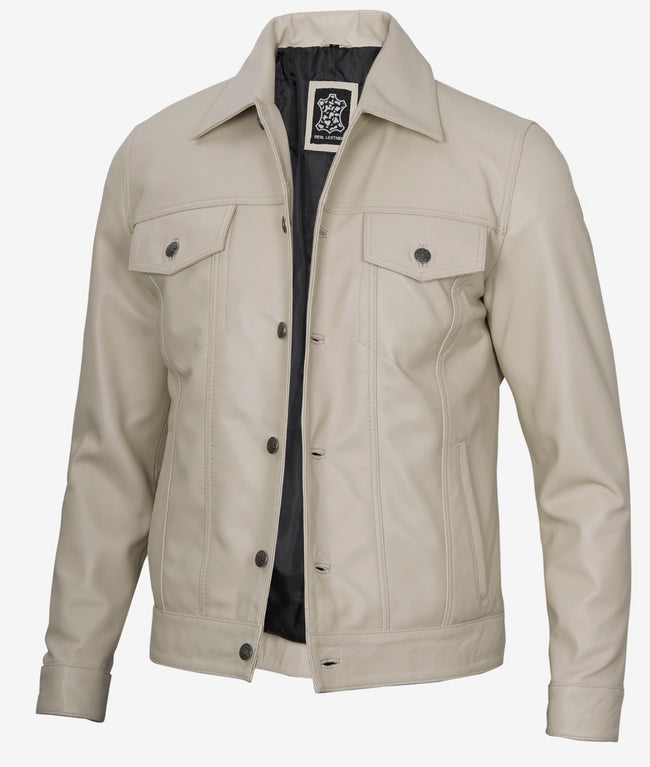 Mens Four Pockets Beige Leather Trucker Jacket