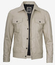Mens Four Pockets Beige Leather Trucker Jacket