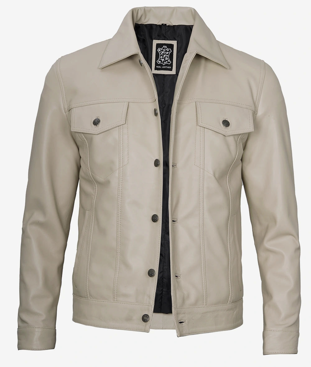 Mens Four Pockets Beige Leather Trucker Jacket