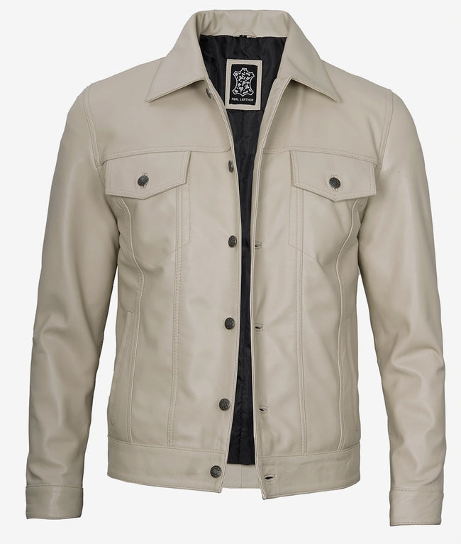 Mens Four Pockets Beige Leather Trucker Jacket