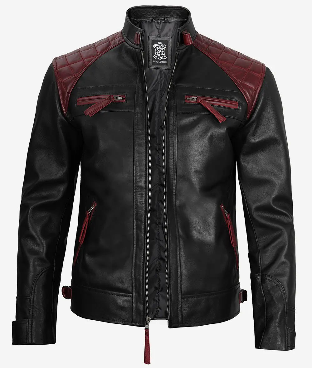Mens Black and Maroon Cafe Racer Leather Jacket