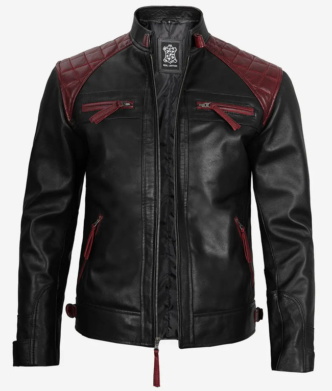 Mens Black and Maroon Cafe Racer Leather Jacket