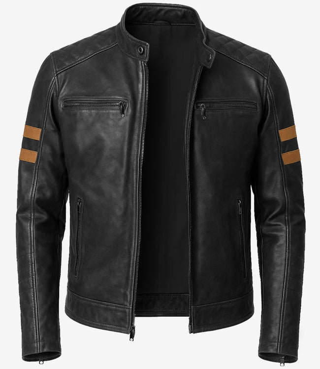 Mens Black Lambskin Leather Cafe Racer Jacket