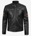 Men's Black Leather Biker Style Jacket with Tan Arm Stripes
