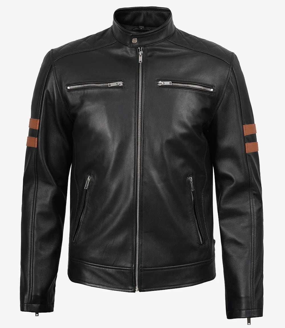 Men's Black Leather Biker Style Jacket with Tan Arm Stripes