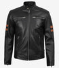 Men's Black Leather Biker Style Jacket with Tan Arm Stripes