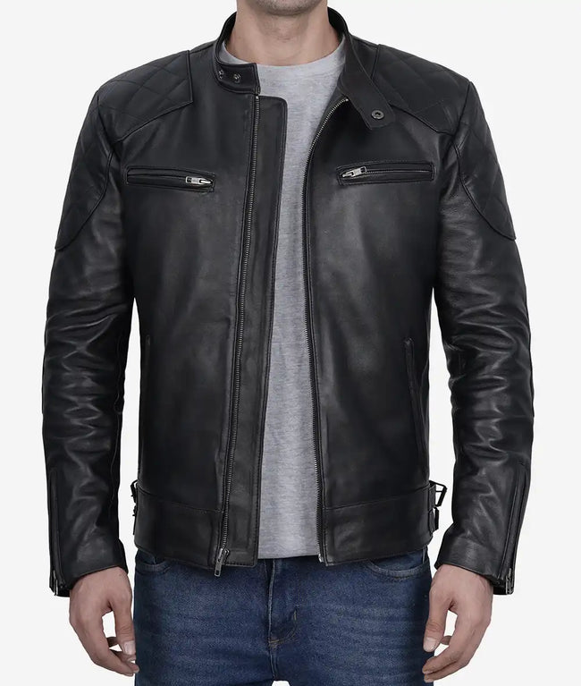 Mens Black Leather Cafe Racer Jacket