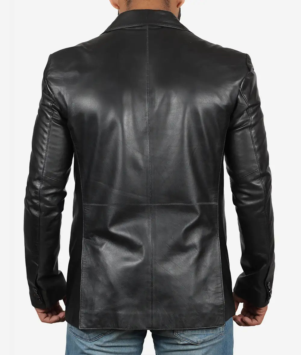 Mens Tall Two Button Black Leather Blazer