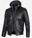 Mens Black Leather Hooded Moto Jacket