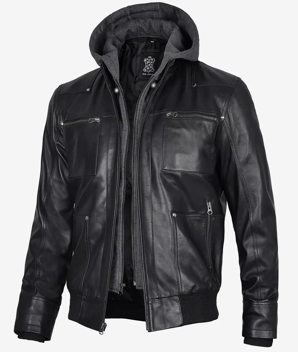 Mens Black Leather Hooded Moto Jacket