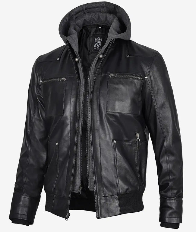 Mens Black Leather Hooded Moto Jacket