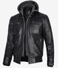 Mens Black Leather Hooded Moto Jacket