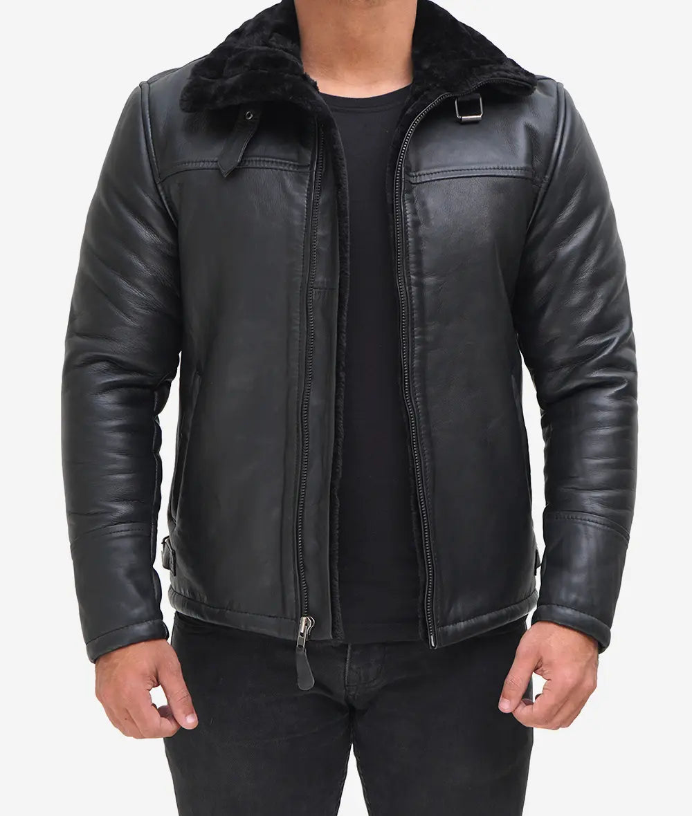 Black Leather B3 Bomber Jacket Mens