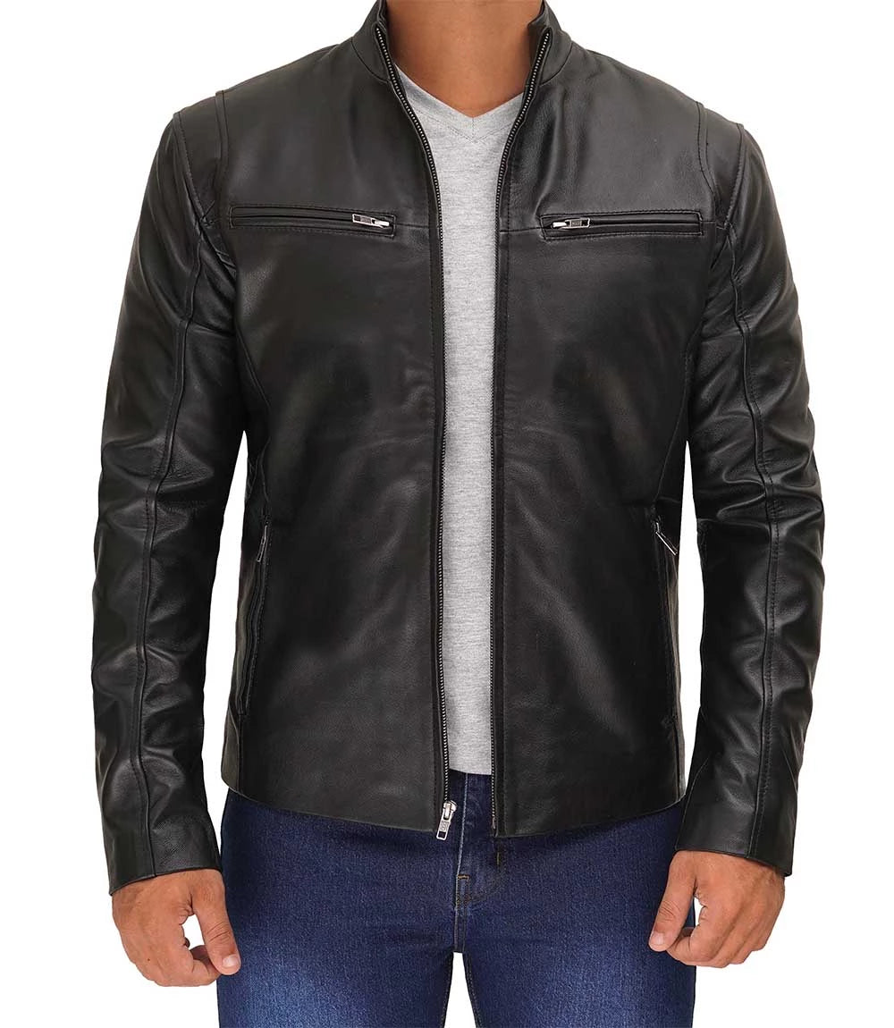 Mens Classic Black Cafe Racer Leather Jacket