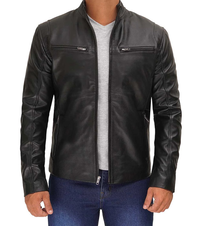 Mens Classic Black Cafe Racer Leather Jacket