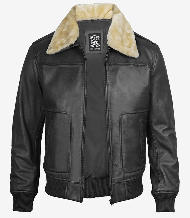 Mens Fur Collar Black Bomber Leather Jacket 