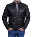 Black Snap Button Collar Cowhide Jacket Mens