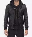 Mens Tall Black Leather Bomber Jacket with Removable Hood