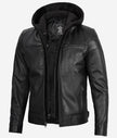 Mens Black Cafe Racer Leather Jacket With Detachable Hood