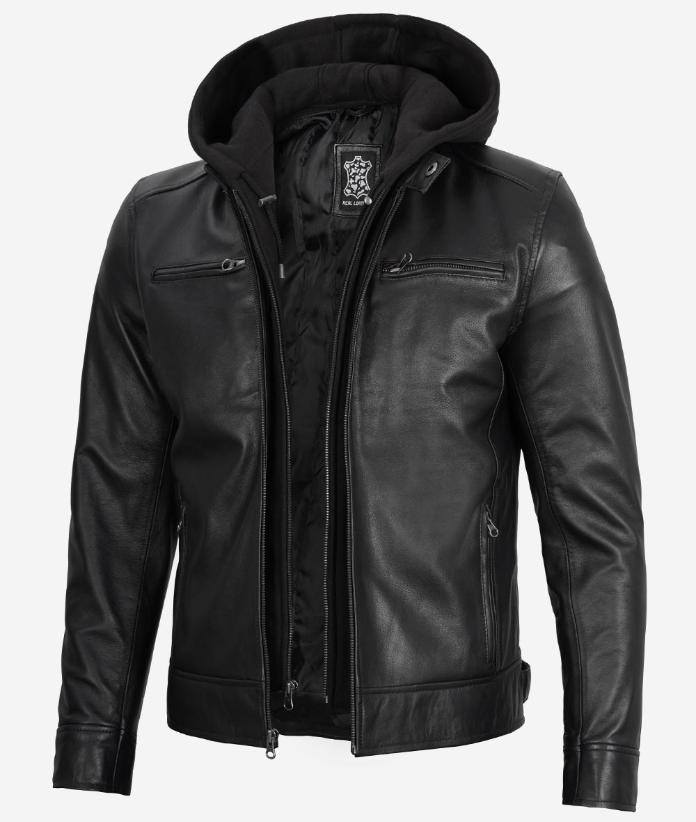 Mens Black Cafe Racer Leather Jacket With Detachable Hood