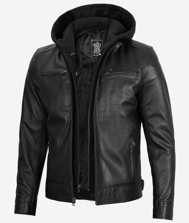 Mens Black Cafe Racer Leather Jacket With Detachable Hood