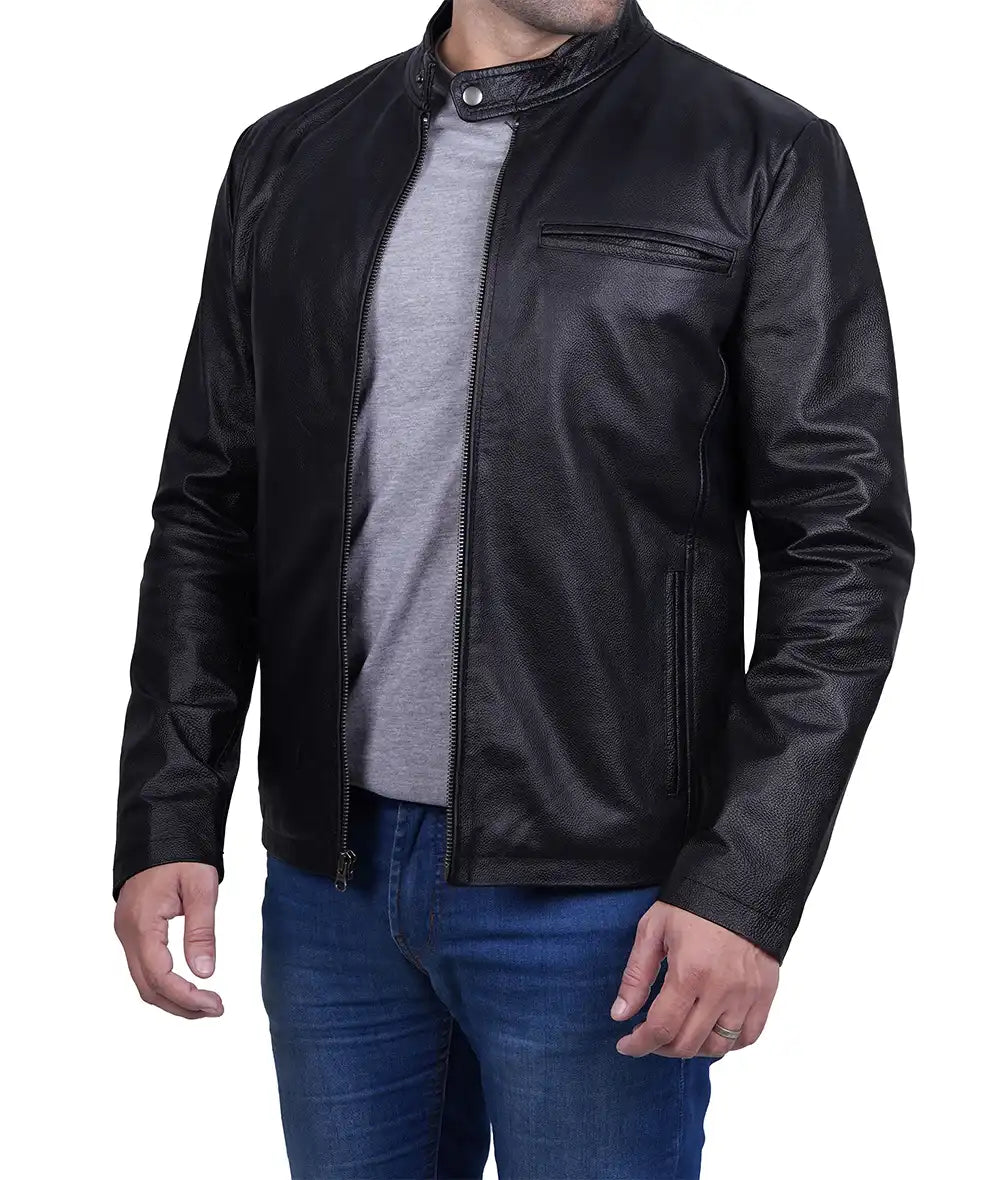 Black Snap Button Collar Cowhide Jacket Mens