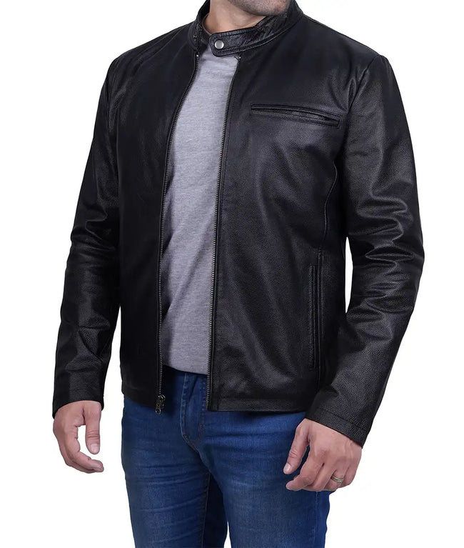 Black Snap Button Collar Cowhide Jacket Mens