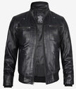 Mens Black Leather Hooded Moto Jacket