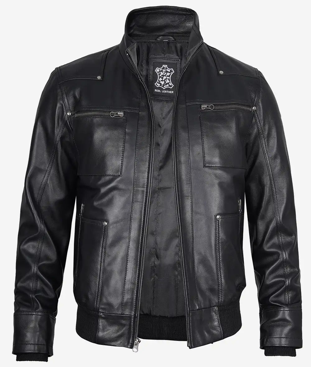 Mens Black Leather Hooded Moto Jacket