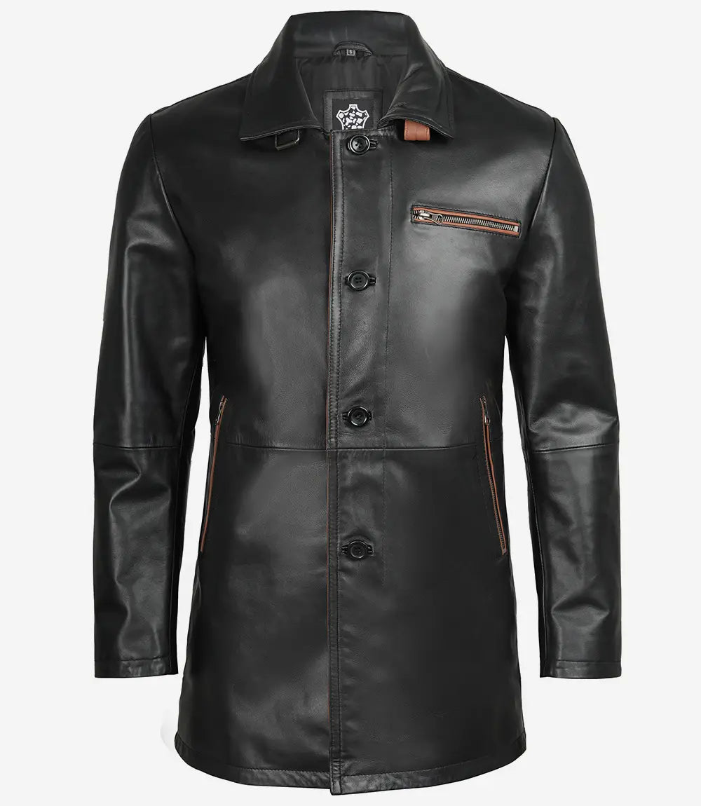 Mens Black Leather Coat With Brown Detailing