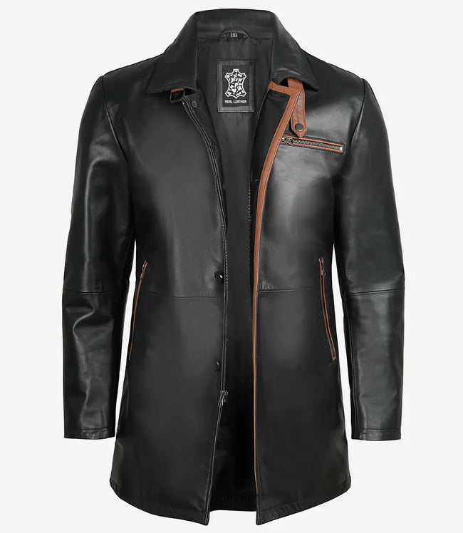 Mens Black Leather Coat With Brown Detailing