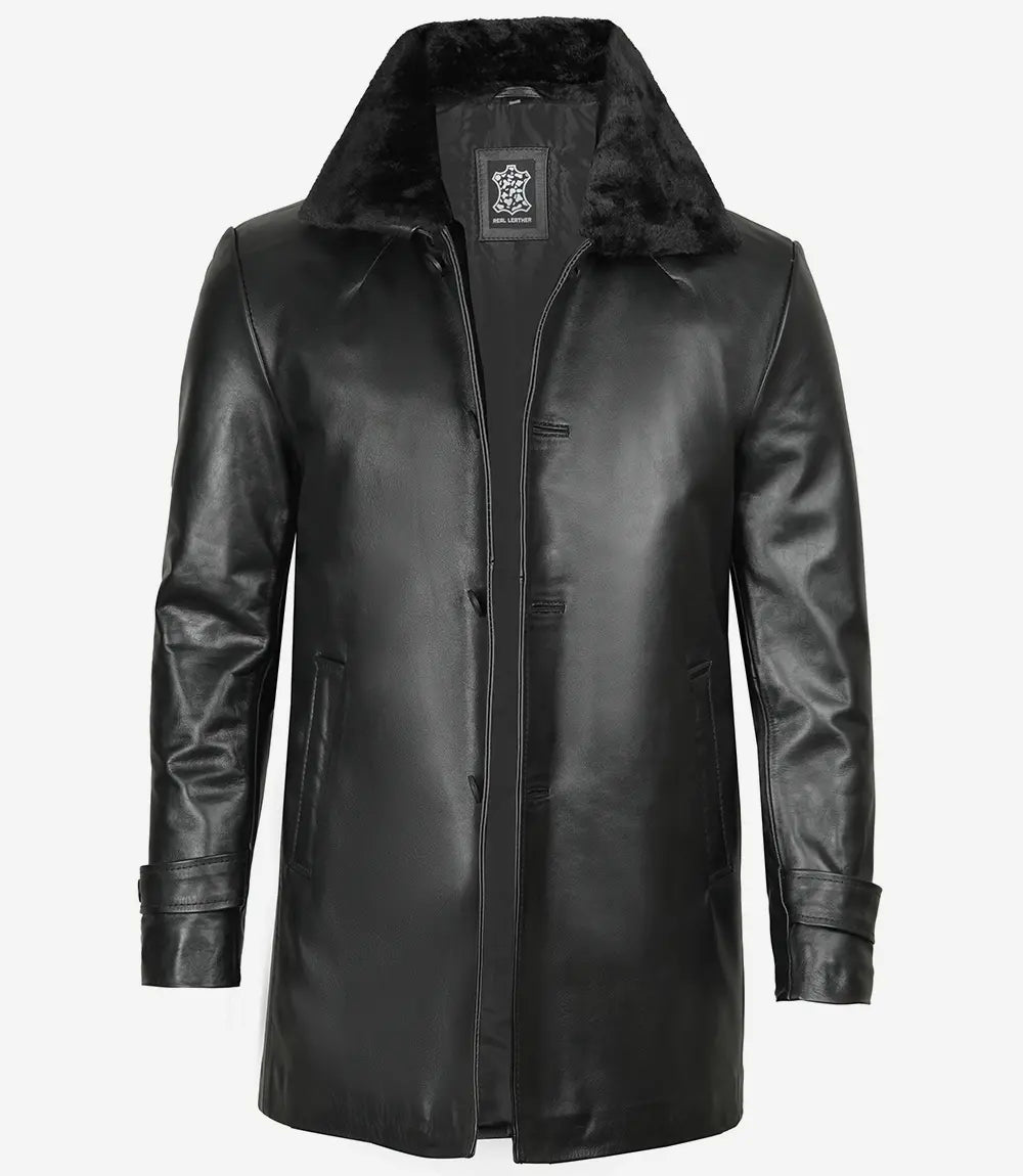 Black Shearling Three Quarter Length Coat Mens