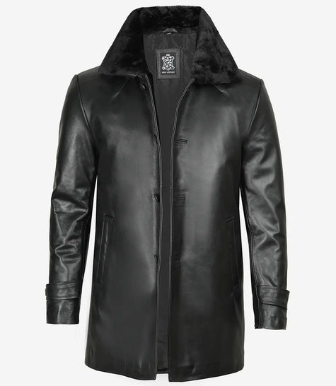 Black Shearling Three Quarter Length Coat Mens