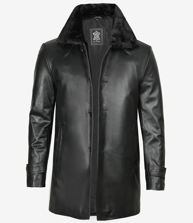 Black Shearling Three Quarter Length Coat Mens