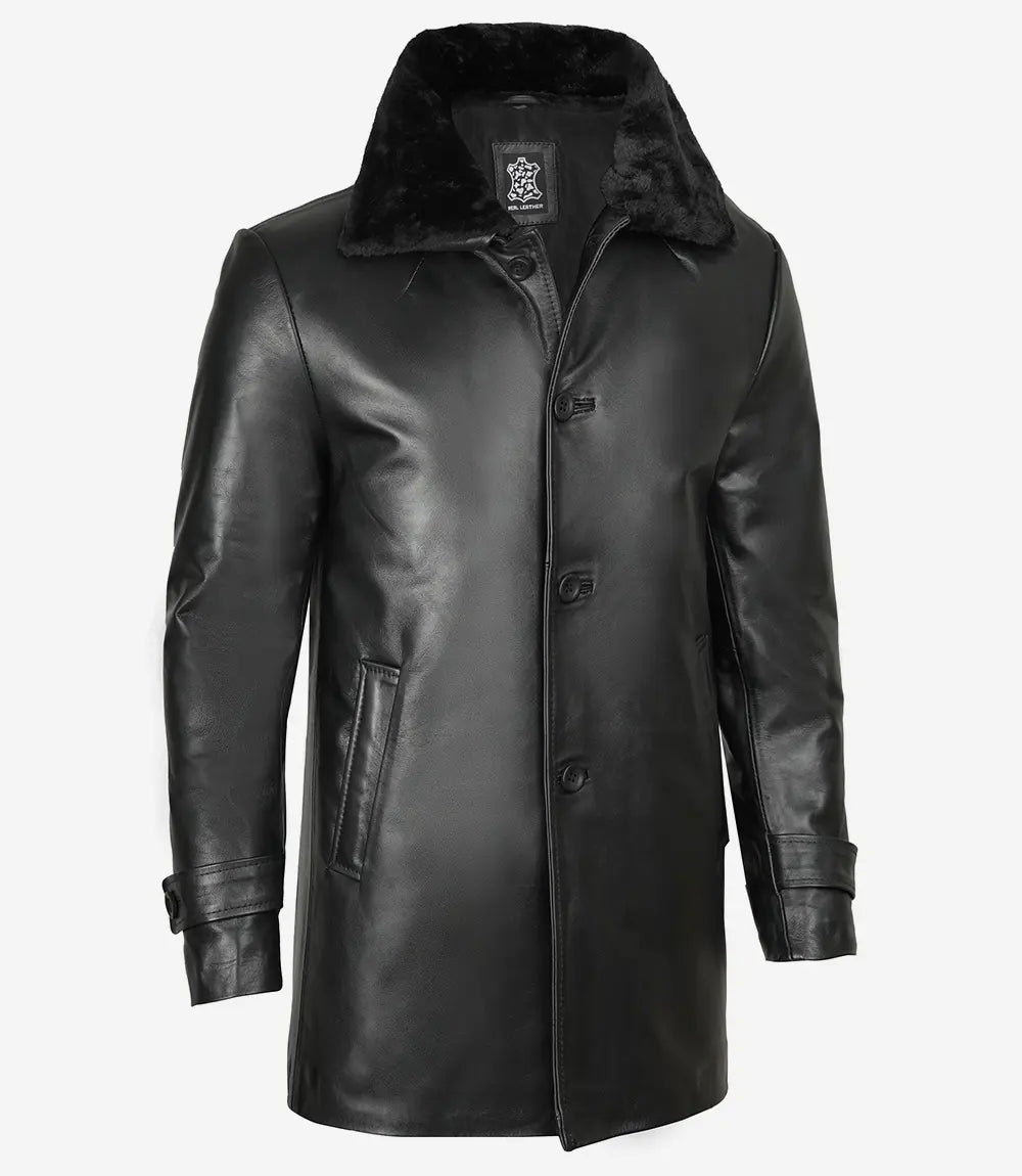 Black Shearling Three Quarter Length Coat Mens