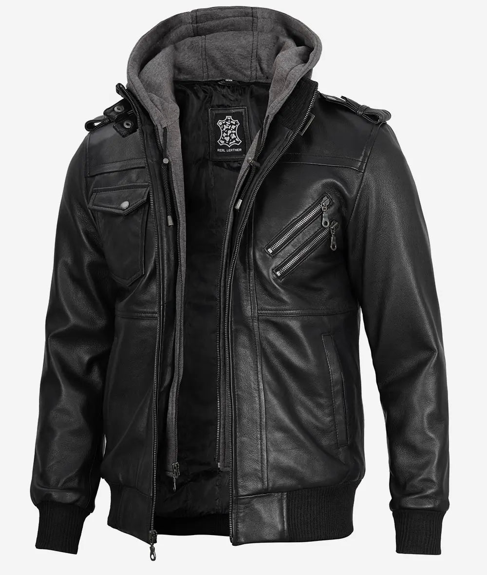 Mens Bomber Hooded Black Leather Jacket