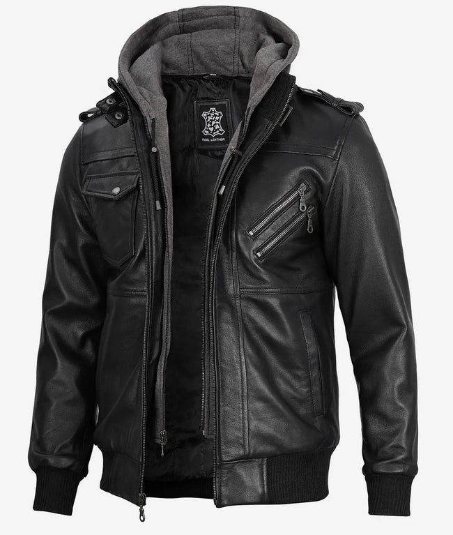 Mens Bomber Hooded Black Leather Jacket