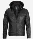 Mens Black Cafe Racer Leather Jacket With Detachable Hood