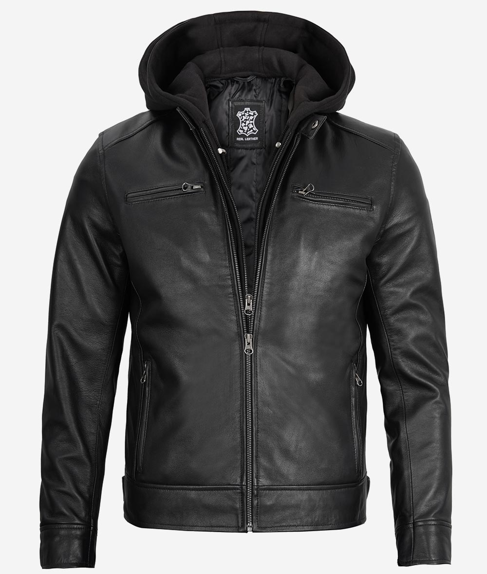 Mens Black Cafe Racer Leather Jacket With Detachable Hood