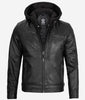 Mens Black Cafe Racer Leather Jacket With Detachable Hood