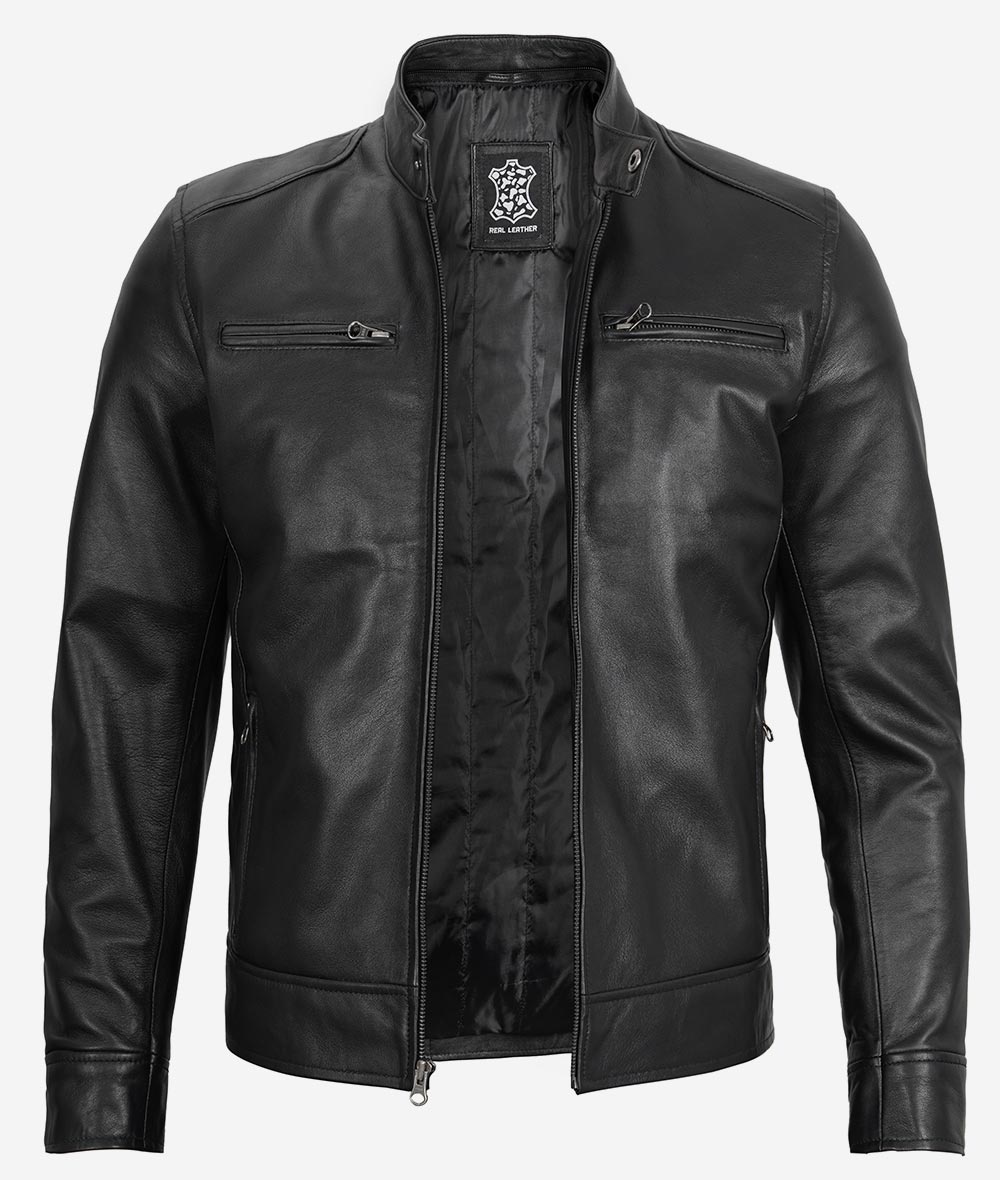 Mens Black Cafe Racer Leather Jacket With Detachable Hood