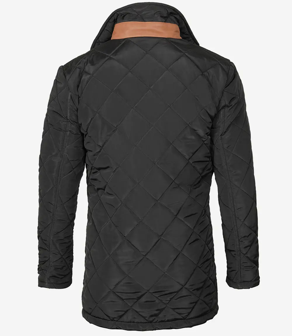 Mens Black Quilted Coat With Brown Detailing