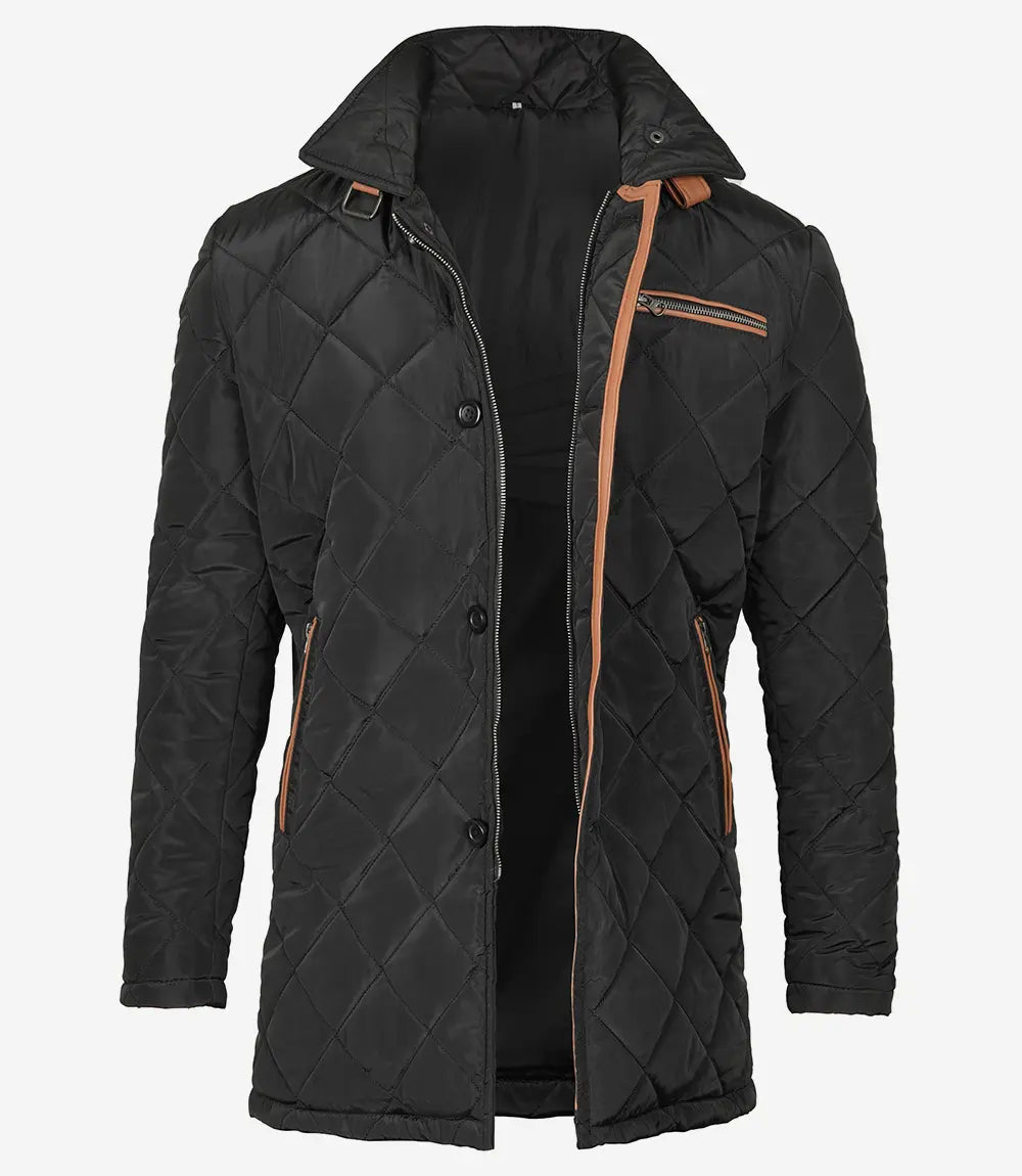 Mens Black Quilted Coat With Brown Detailing