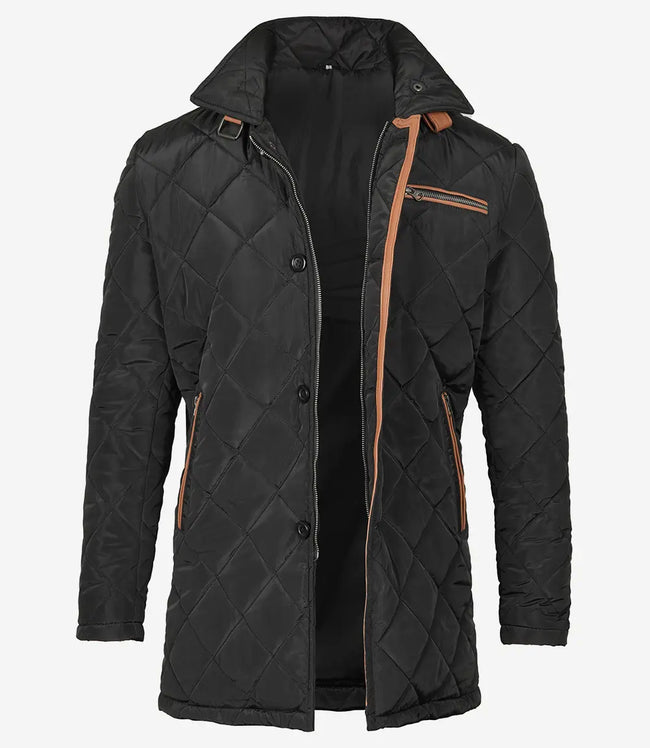 Mens Black Quilted Coat With Brown Detailing