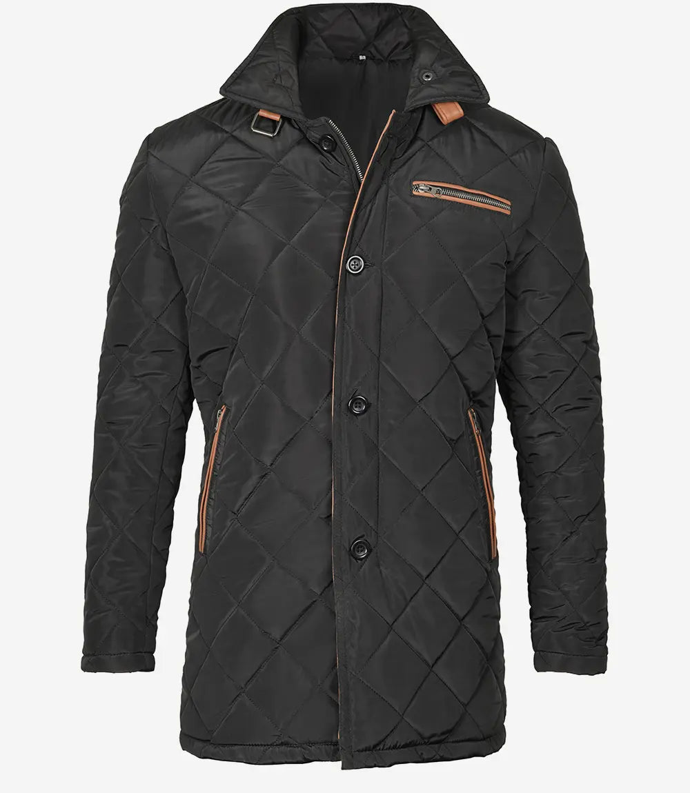 Mens Black Quilted Coat With Brown Detailing