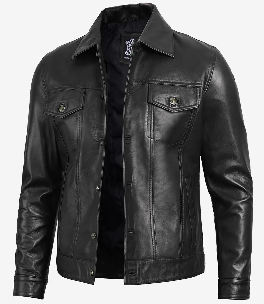 Mens Black Leather Trucker Jacket