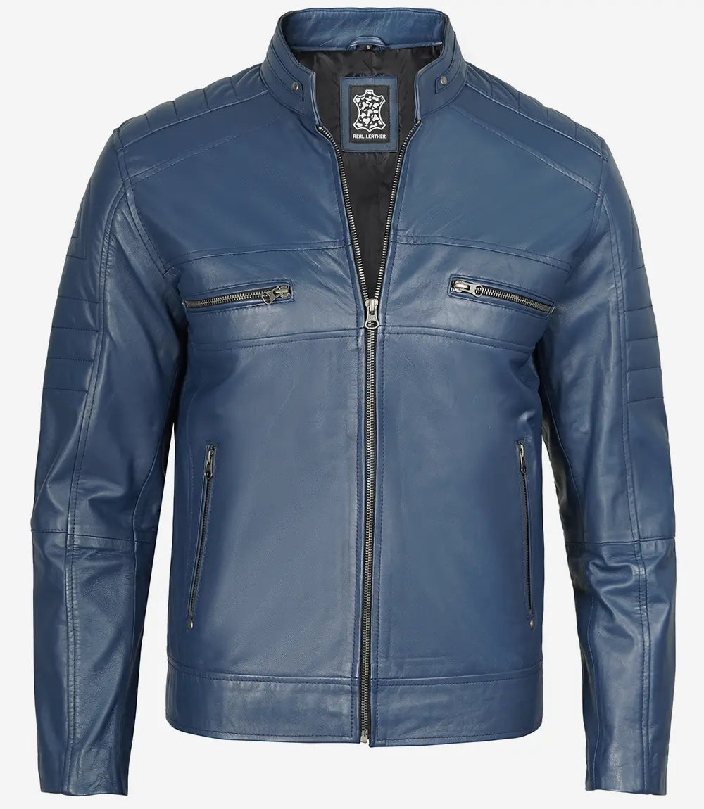 Mens Blue Cafe Racer Leather Jacket
