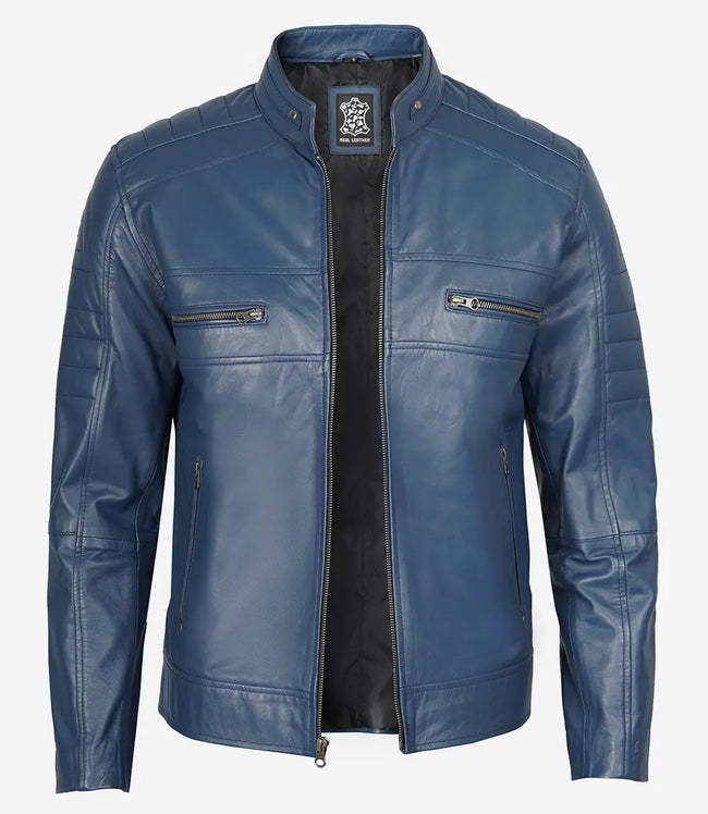 Mens Blue Cafe Racer Leather Jacket